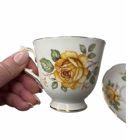 Adderley Yellow Cabbage Roses Fine Bone China Tea Cup And Saucer - Picture 4 of 8